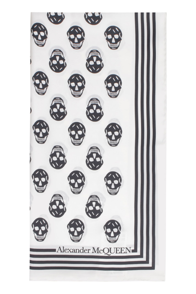 Alexander Mcqueen Biker Skull Print Silk Scarf In White