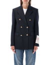 Golden Goose Blue Double-breasted Jacket With Peak Revers And Logo Plaque Detail In Dark Blue