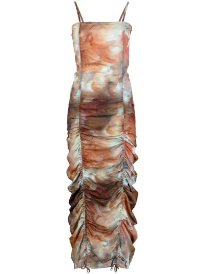 Paloma Wool Ruched Stretch Cotton & Silk Convertible Slipdress In Brown & Blue