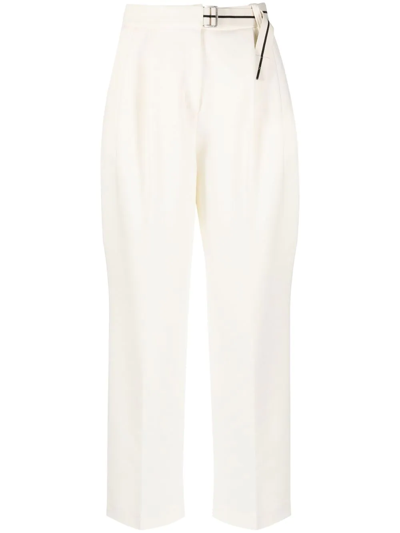 Palm Angels Cropped Belted Webbing-trimmed Pleated Cotton-blend Straight-leg Pants In Off-white
