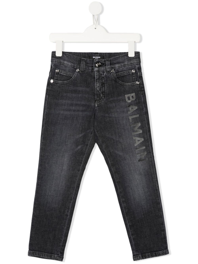 Balmain Kids' Logo-print Straight Jeans In Grey