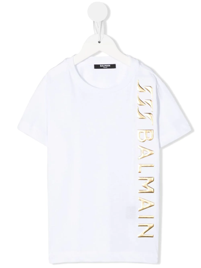 Balmain Kids' Gold-tone Logo T-shirt In White