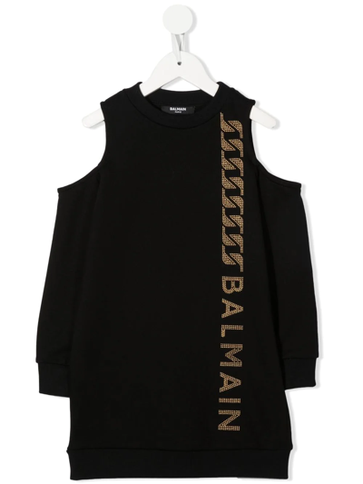 Balmain Teen Logo-print Cut-out Shoulder Dress In Black