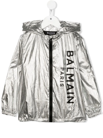 Balmain Kids' Metallic Logo-print Hooded Jacket In Silver