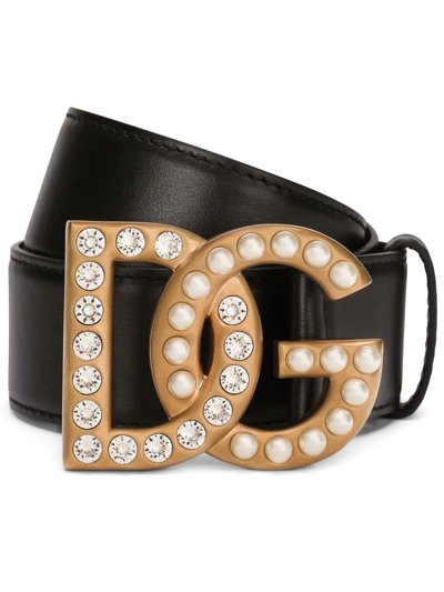 Dolce & Gabbana Embellished Dg Logo Buckle Belt In Calf Leather In Black