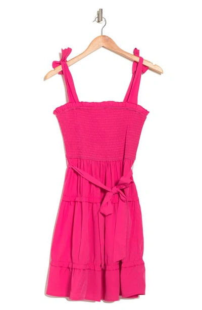 Tash And Sophie Shirred Tie Smocked Ruffle Dress In Pink