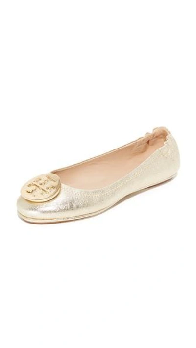 Tory Burch Minnie Travel Metallic Leather Ballet Flats In Gold