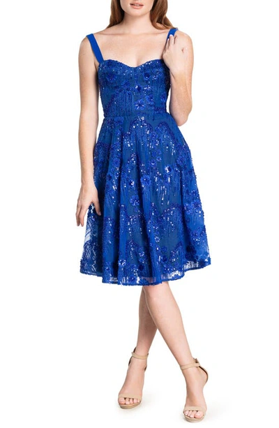 Dress The Population Beaded Sequin Sweetheart Midi Dress In Blue