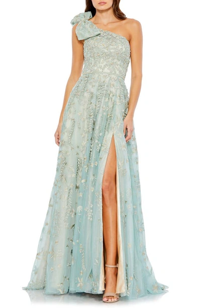 Mac Duggal Embellished Bow One Shoulder A Line Gown In Ice Blue