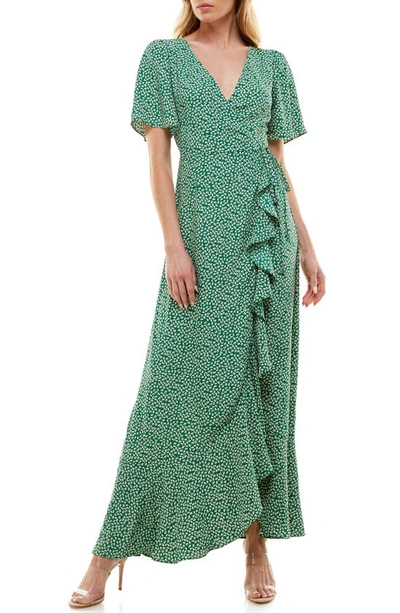 Socialite Printed Ruffle Dress In Green Ivory