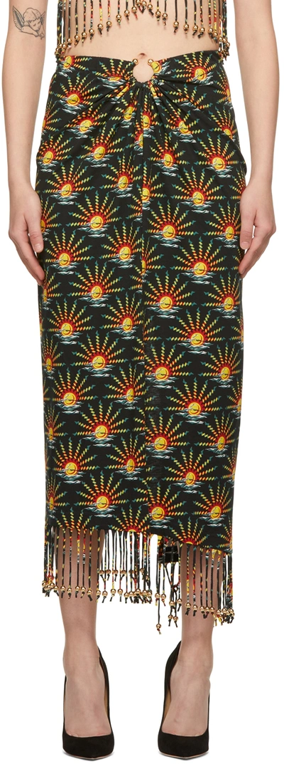 Rabanne Pleated Graphic-print Organic-cotton Jersey Midi Skirt In Black And Multicolor