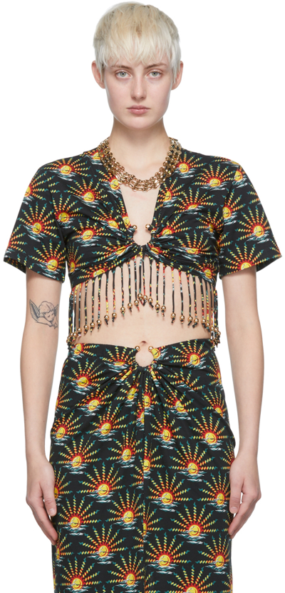 Rabanne Sunrise Print Black Cropped T-shirt With Fringes In Nero
