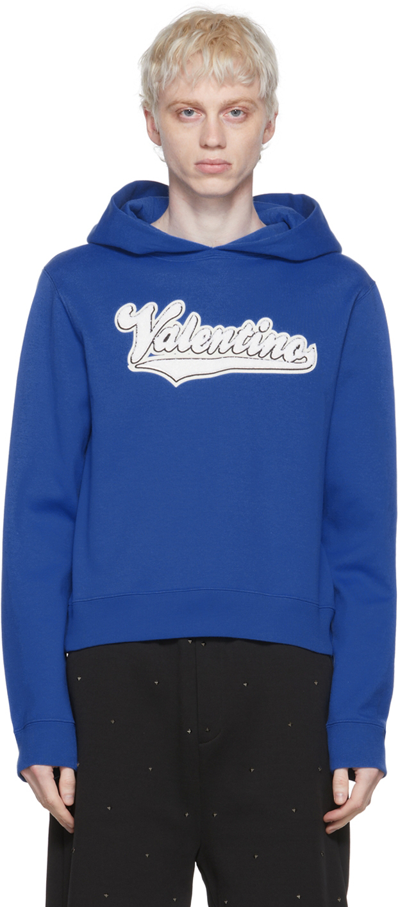 Valentino Embroidered Logo-patch Hoodie In Blue Cotton