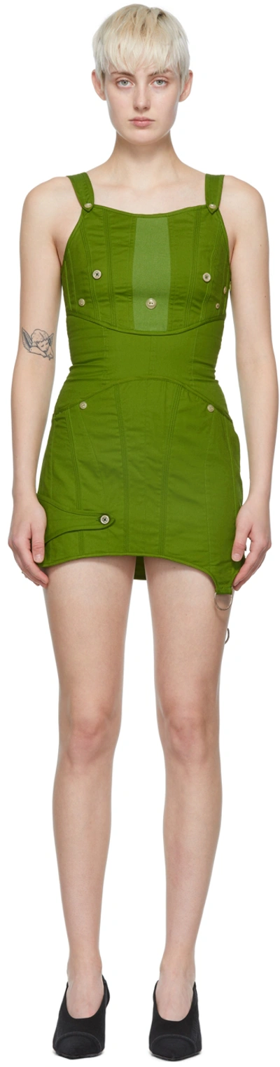 Acne Studios Cutout Button-embellished Cotton-blend Mini Dress In Bright Green