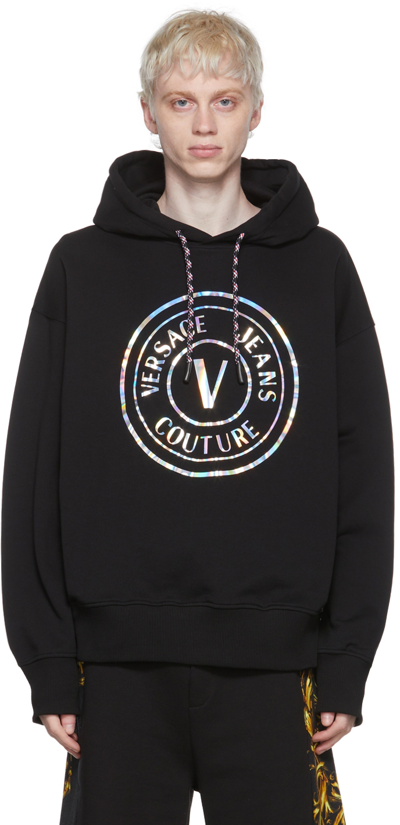 Versace Jeans Couture V Emblem Iridescent Hooded Sweatshirt In E899 Nero