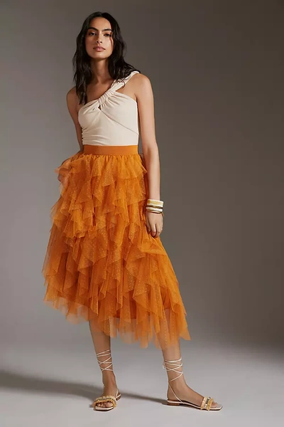 Anthropologie By  Ruffled Tulle Midi Skirt In Yellow