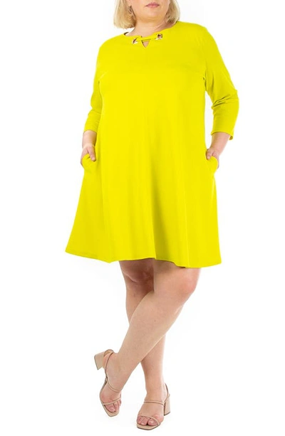 Nina Leonard Three-quarter Sleeve Trapeze Dress In Chartreuse/gold