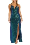 Morgan & Co. Sequin Embellished Gown In Navy/ Teal