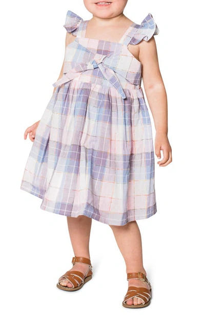 Popatu Babies' Plaid Ruffle Sleeve Cotton Dress In Pink/ Purple