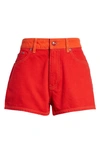 Ganni Cutline High Waist Overdyed Denim Short In Flame Scarlet