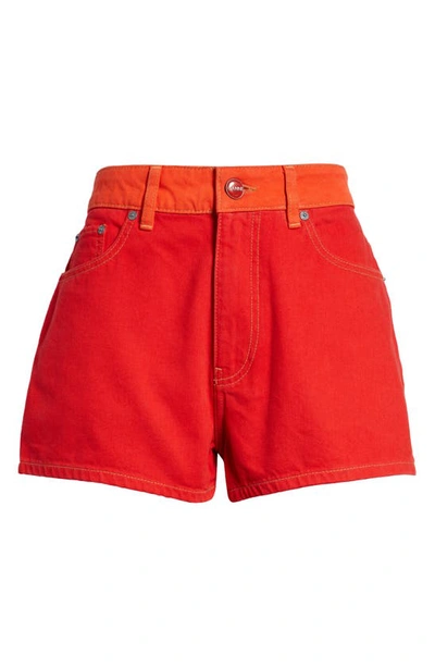 Ganni Cutline High Waist Overdyed Denim Short In Red