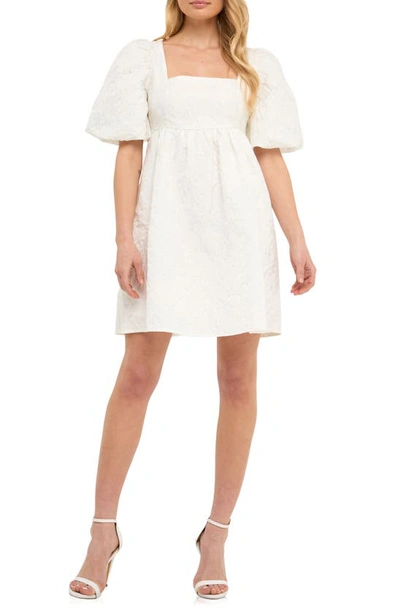 Endless Rose Open Back Floral Jacquard Puff Sleeve Minidress In White