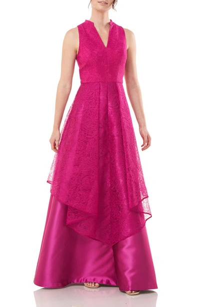 Kay Unger Pleated Lace Overlay Gown In Purple