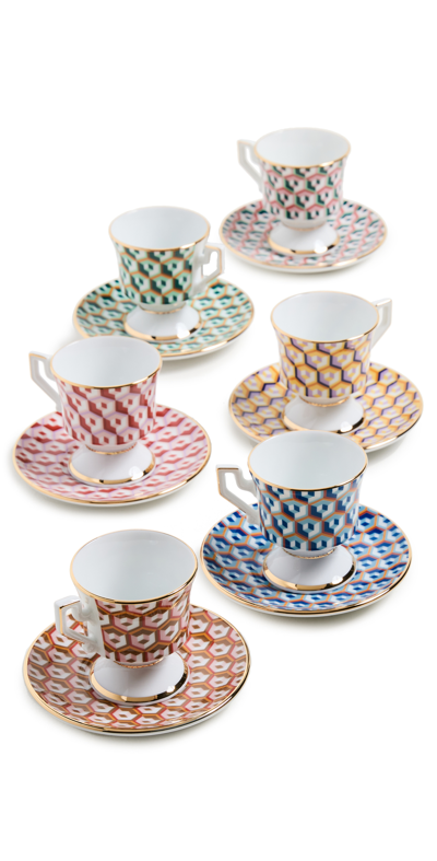 La Doublej Set Of Six Gold-plated Porcelain Espresso Cups And Saucers In Cubi Mix