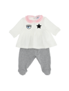 Chiara Ferragni Embroidered Cotton Blouse And Trouser Set In Cream + Grey