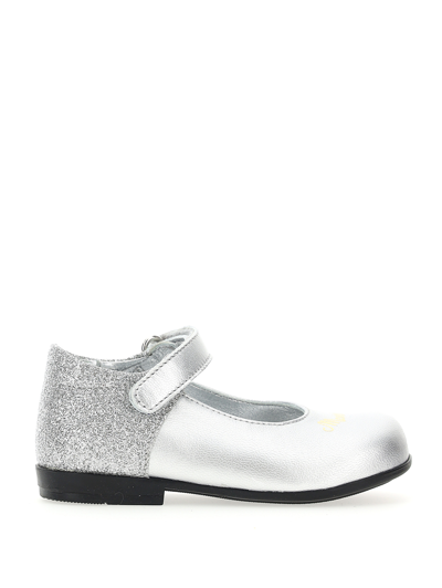 Monnalisa Glitter Patent Leather Ballet Flats With Logo In Grey