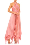 Mac Duggal Pleated Halter Neck Asymmetrical Hem Gown In Coral