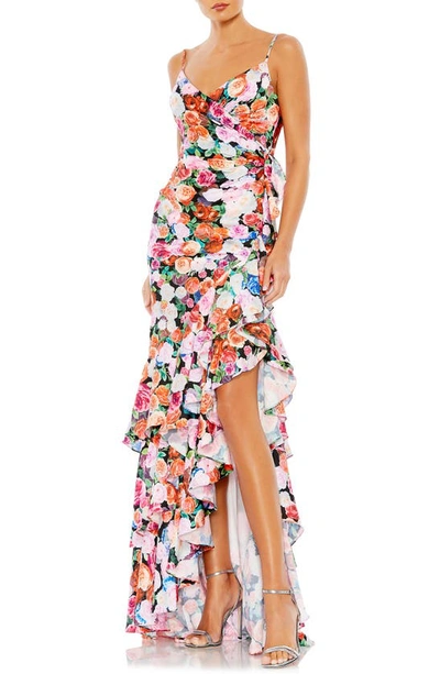 Mac Duggal Floral Print Asymmetrical Ruffle Hem Gown In Multi