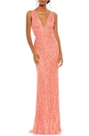 Mac Duggal Sequined Plunge Neck Sleeveless Column Gown In Coral