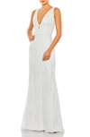 Mac Duggal Sequined Plunge Neck Sleeveless Column Gown In White