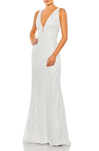 Mac Duggal Sequined Plunge Neck Sleeveless Column Gown In White