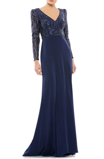 Mac Duggal V-neck Long Sleeve Empire Waist Gown In Midnight