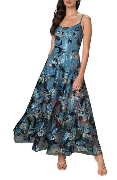 Dress The Population Umalina Sequin Floral Fit & Flare Gown In Blue