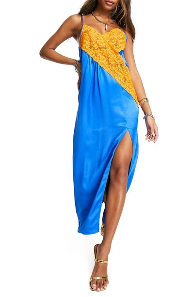 Topshop Contrast Color Block Slip Dress In Blue With Orange Lace
