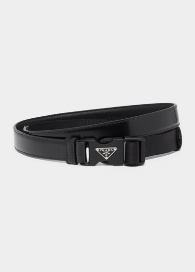 Prada Triangle Logo Leather Belt In F0002 Nero