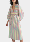 Rosie Assoulin Vivella Gathered Striped Cotton And Linen-blend Midi Dress In Chantilly