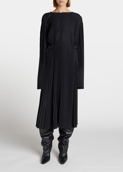 Balenciaga Pleated Drawcord Crepe Midi Dress In Noir
