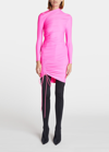 Balenciaga Stretch Nylon Mini Dress Drawstring In Fluo Pink