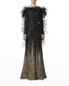 ELIE SAAB DEGRADE SEQUIN OFF-THE-SHOULDER GOWN W/ FEATHER-TRIM