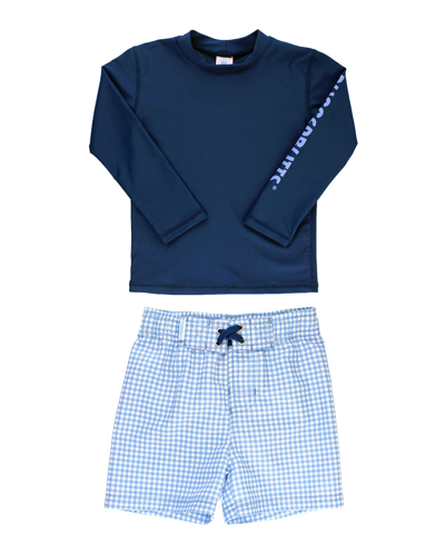 Ruggedbutts Boy's Solid Rash Guard W/ Printed Swim Trunks In Blue Gingham