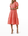 English Factory Tiered Puff Sleeve Poplin Midi Dress In Coral