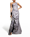 Rickie Freeman For Teri Jon One-shoulder Jacquard Side-ruffle Gown In Blkblue