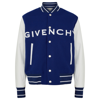 Givenchy Mixed Media Logo Wool Blend Varsity Jacket In White And Blue