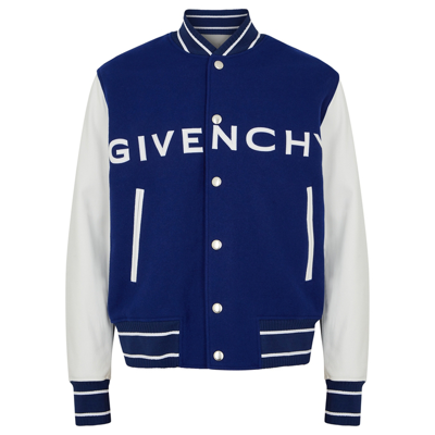 Givenchy Mixed Media Logo Wool Blend Varsity Jacket In White Blue