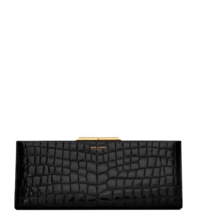 Saint Laurent Croc-embossed Clutch Bag In Black