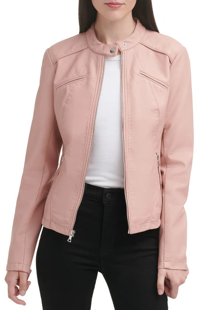 Guess Faux Leather Racer Jacket In Dusty Pink